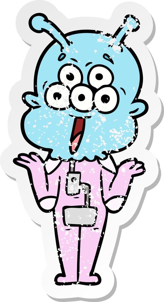 distressed sticker of a happy cartoon alien shrugging shoulders vector