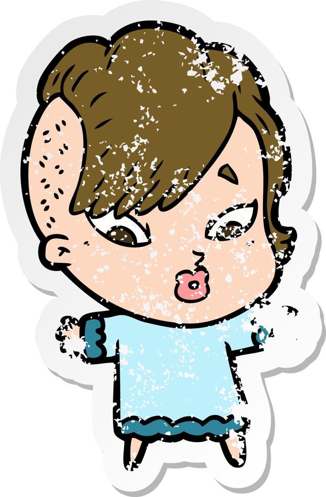 distressed sticker of a cartoon surprised girl vector