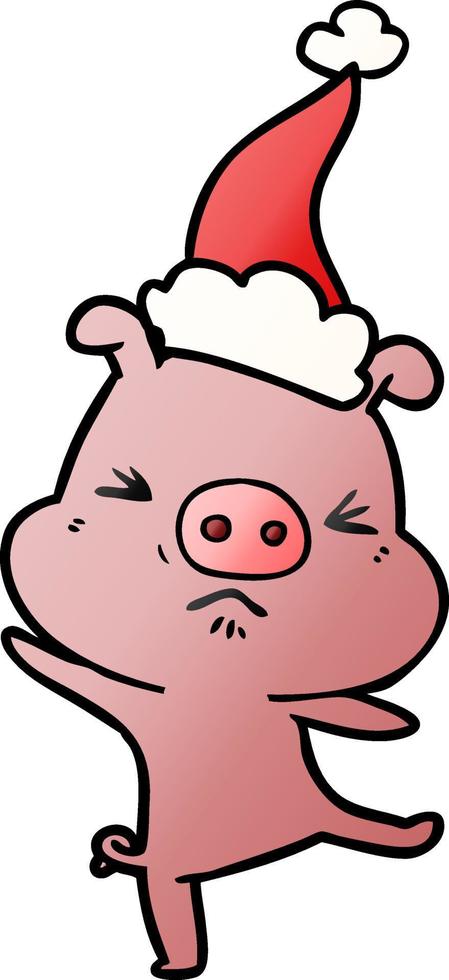 gradient cartoon of a furious pig wearing santa hat vector
