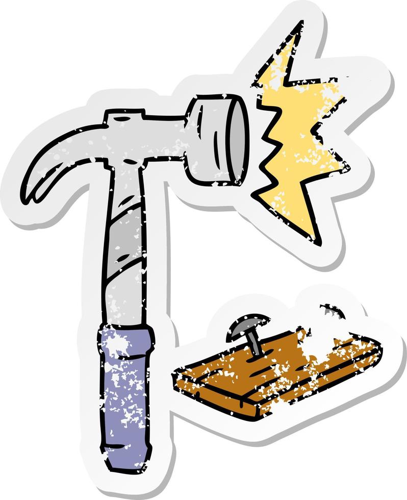 distressed sticker cartoon doodle of a hammer and nails vector