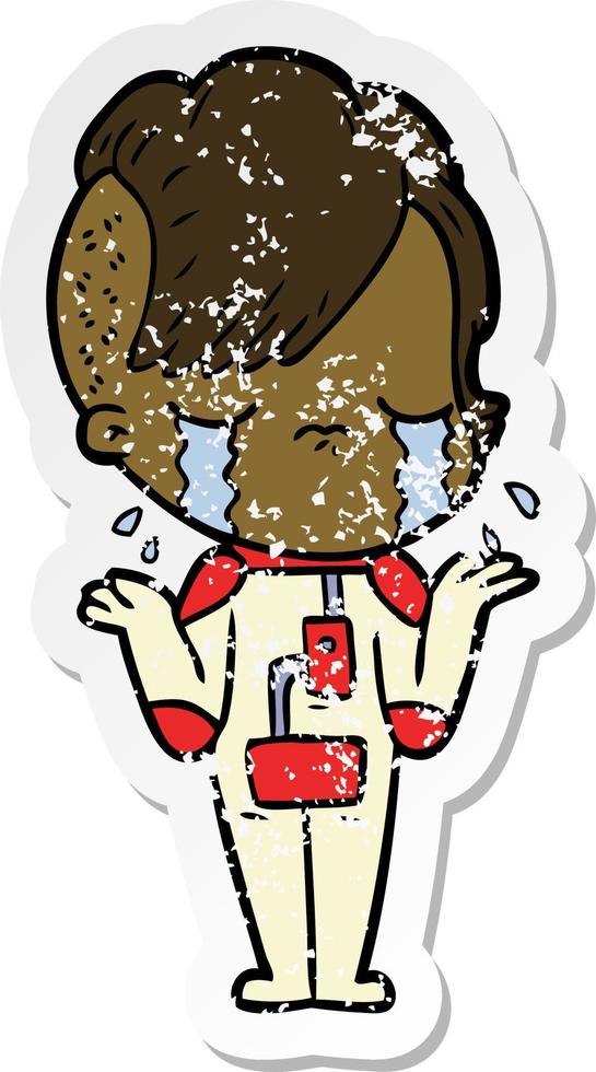 distressed sticker of a cartoon crying girl wearing space clothes vector