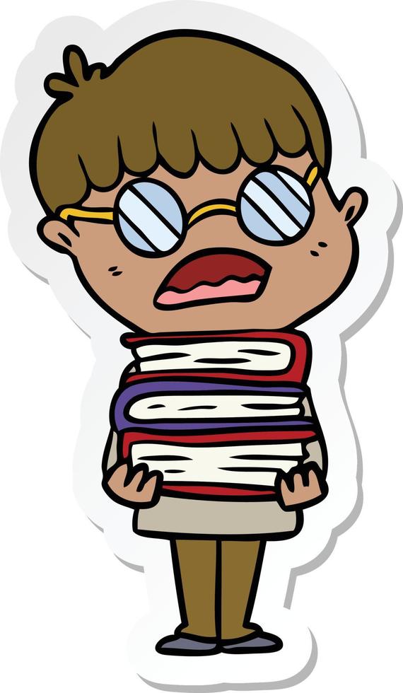 sticker of a cartoon boy with books wearing spectacles vector