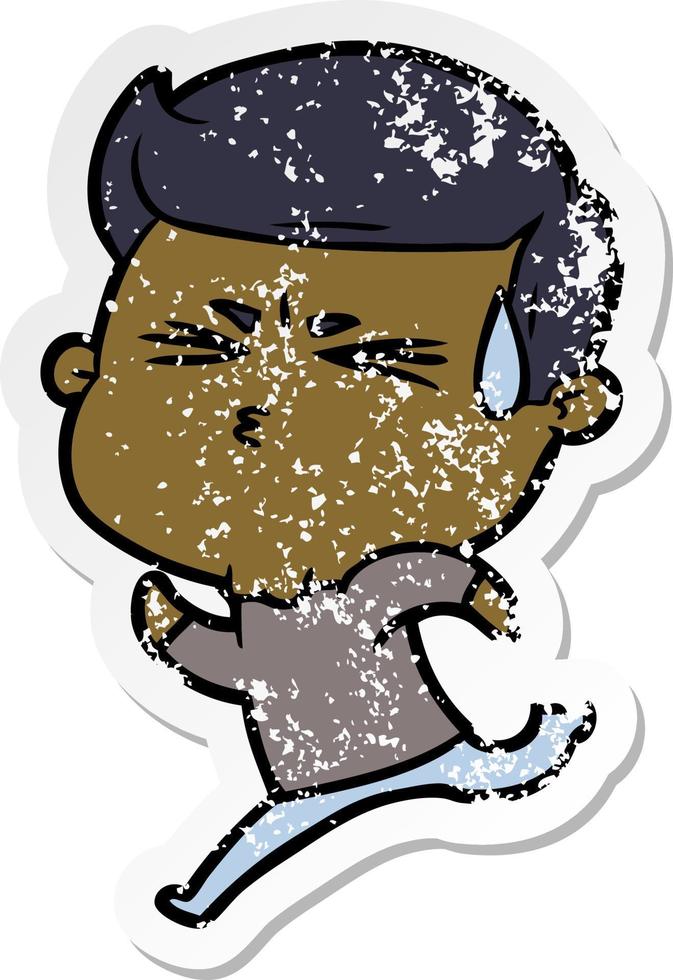 distressed sticker of a cartoon man sweating vector