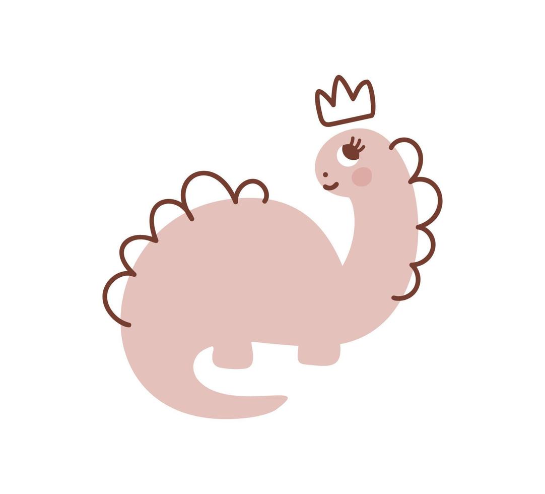 Vector cute baby girl Dinosaur with crown on head. Hand drawn princess sweet cool baby illustration for nursery t-shirt, kids apparel, invitation, simple scandinavian child design