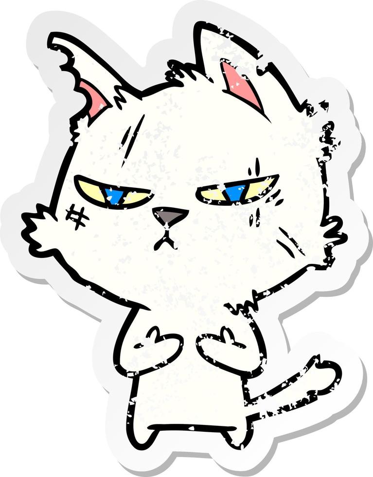 distressed sticker of a tough cartoon cat vector