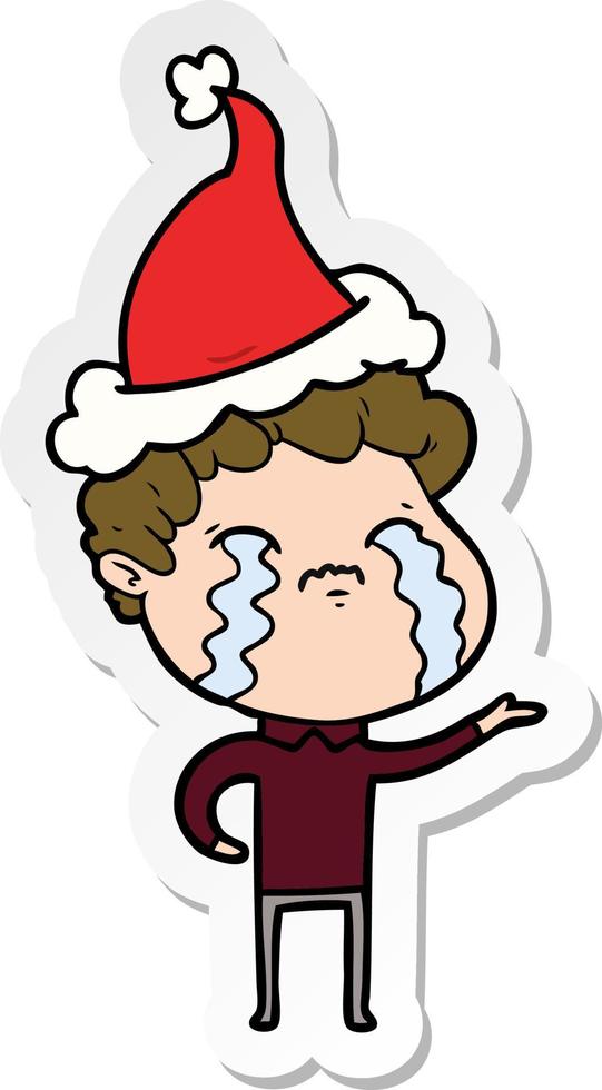 sticker cartoon of a man crying wearing santa hat vector