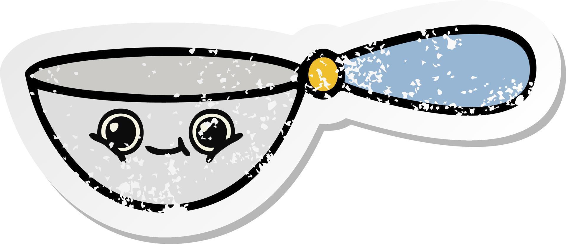 distressed sticker of a cute cartoon measuring spoon vector