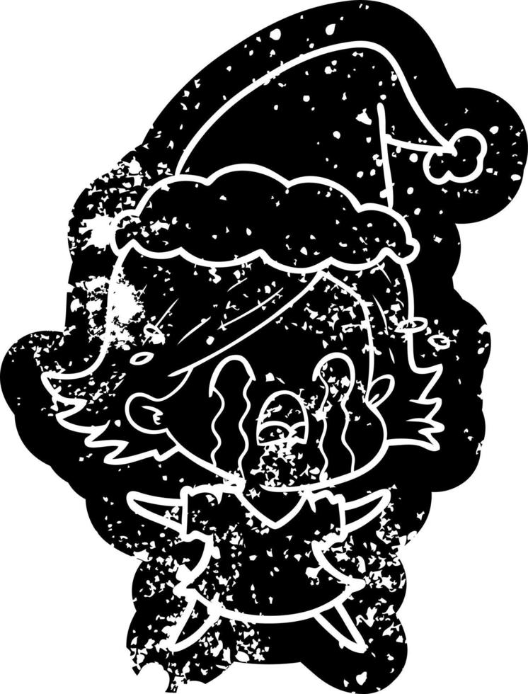 cartoon distressed icon of a woman crying wearing santa hat vector