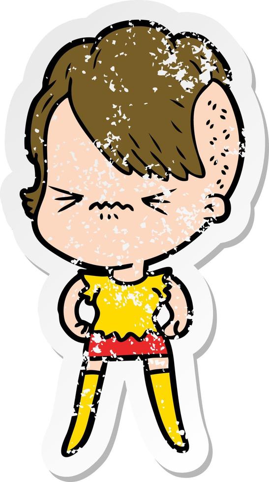 distressed sticker of a cartoon annoyed hipster girl vector