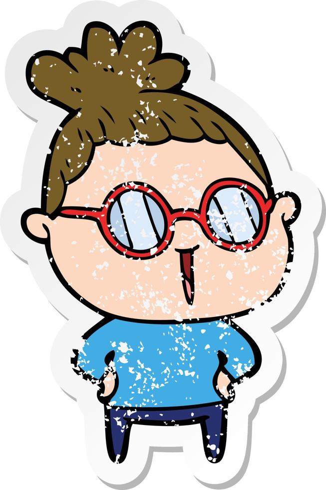 distressed sticker of a cartoon woman wearing spectacles vector