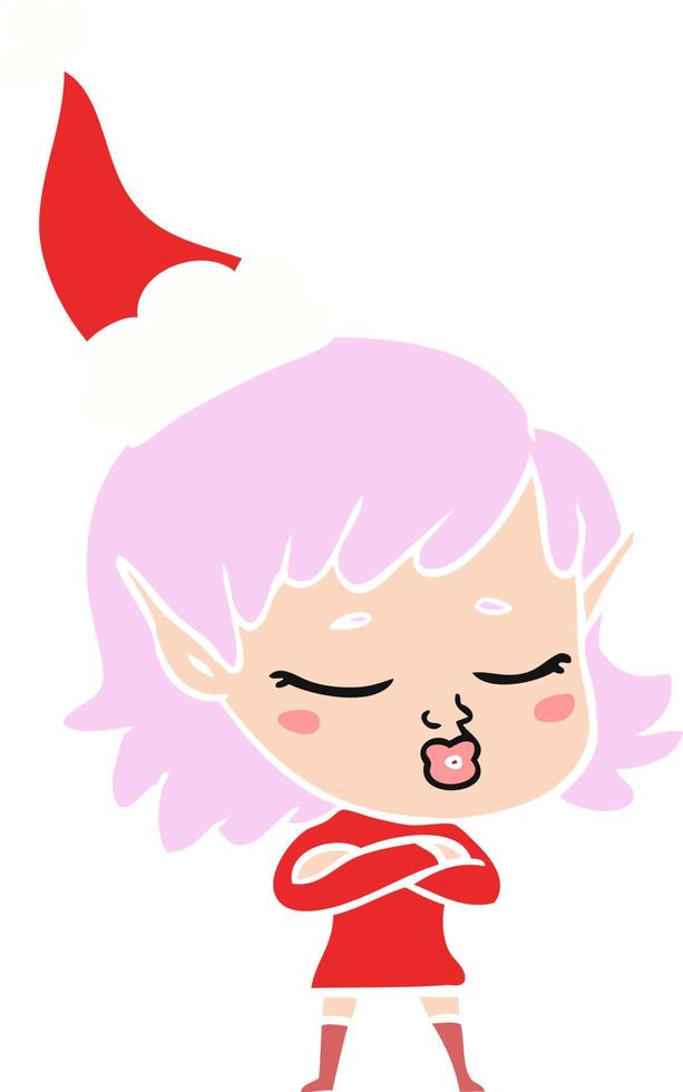 bonita ilustración en color plano de una niña elfa con gorro de Papá Noel vector