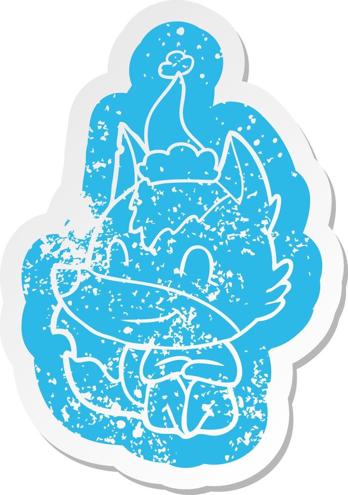 friendly cartoon distressed sticker of a wolf wearing santa hat vector