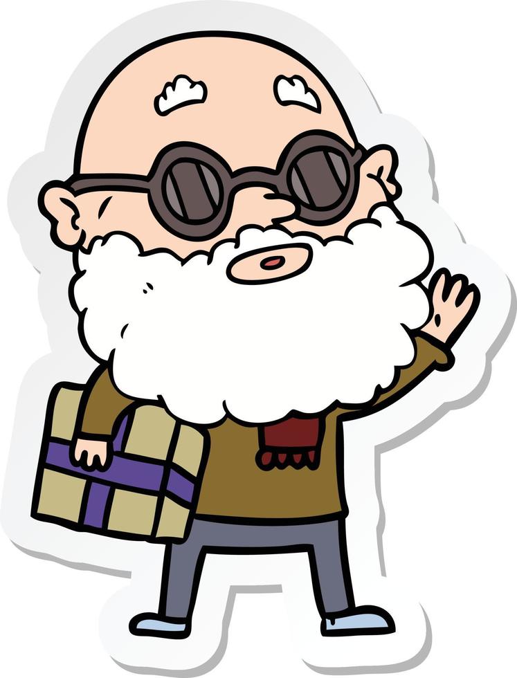 sticker of a cartoon curious man with beard sunglasses and present vector