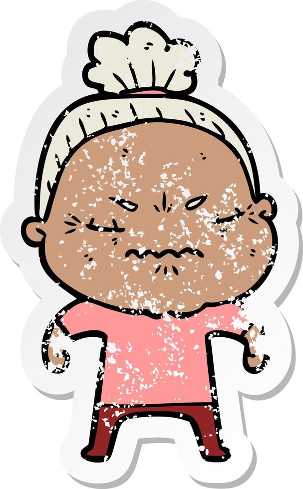 distressed sticker of a cartoon annoyed old lady vector