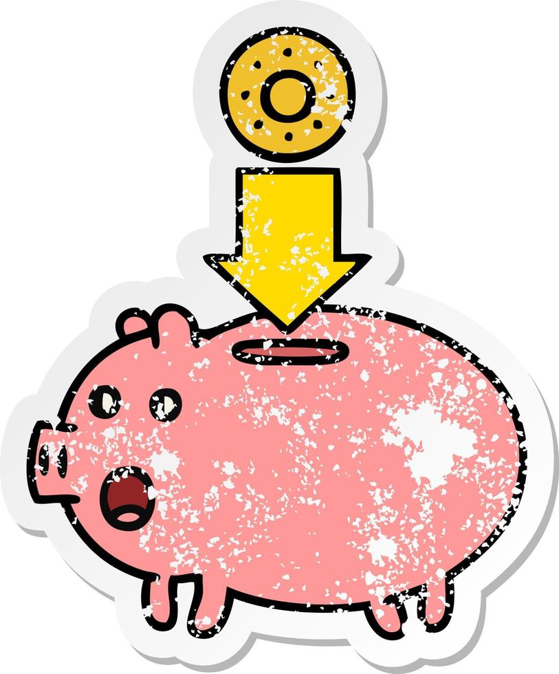 distressed sticker of a cute cartoon piggy bank vector