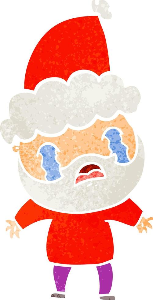 retro cartoon of a bearded man crying wearing santa hat vector