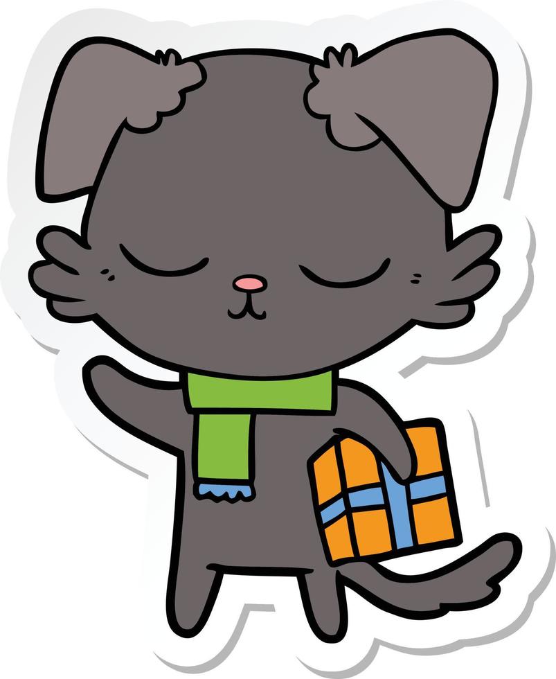 sticker of a cute cartoon dog with christmas present vector