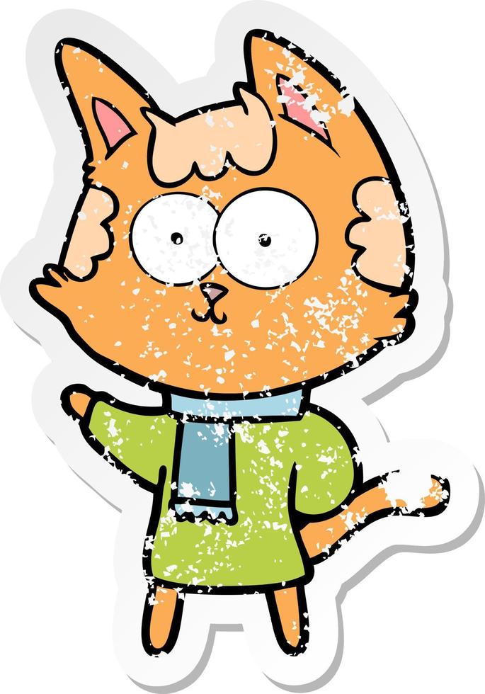 distressed sticker of a happy cartoon cat in winter clothes vector