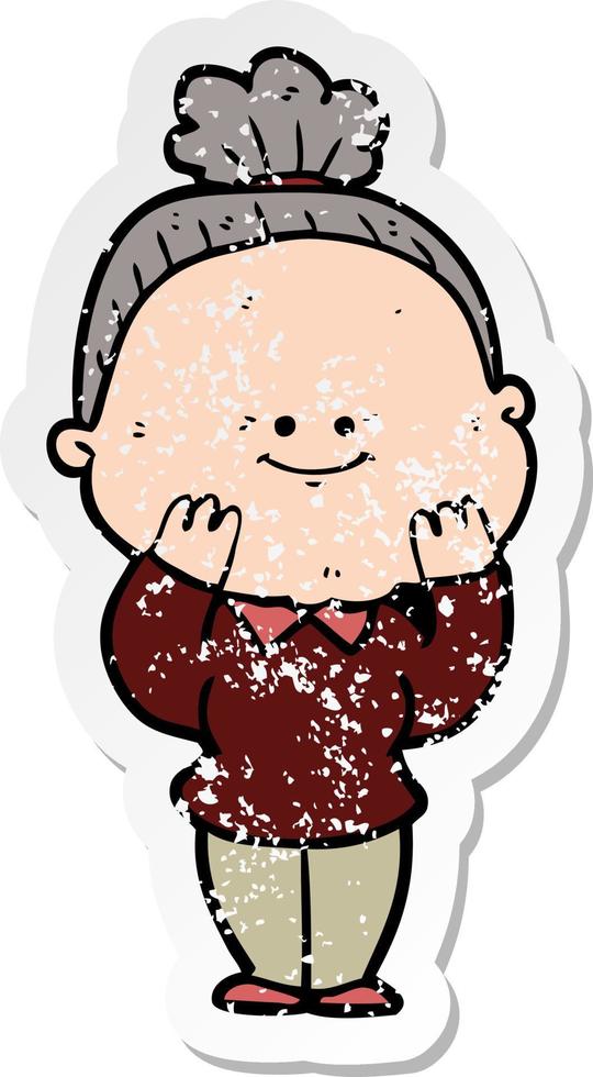 distressed sticker of a cartoon happy old woman vector