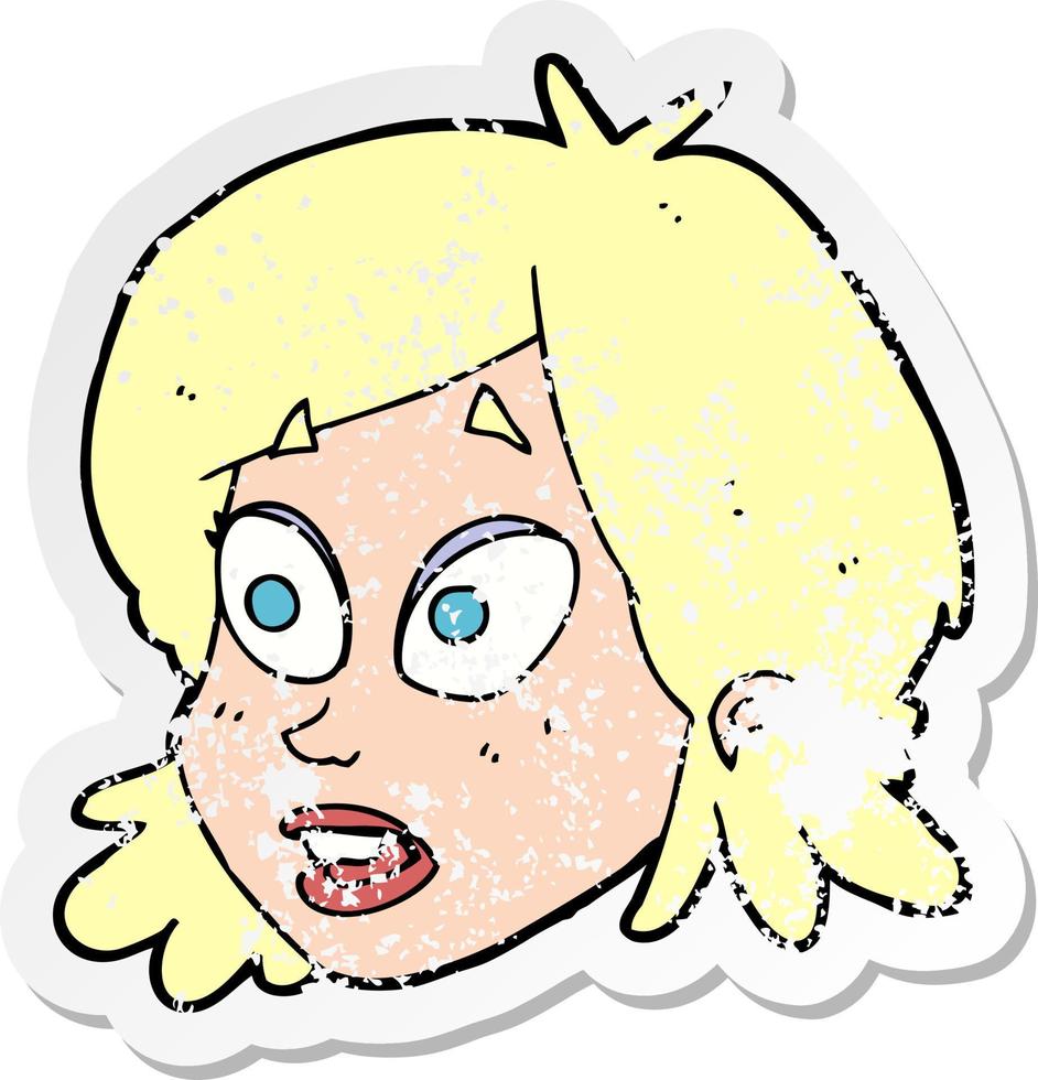 retro distressed sticker of a cartoon female face with surprised expression vector