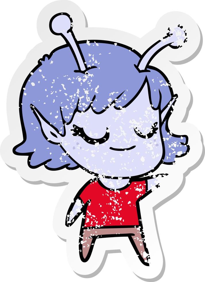 distressed sticker of a smiling alien girl cartoon vector
