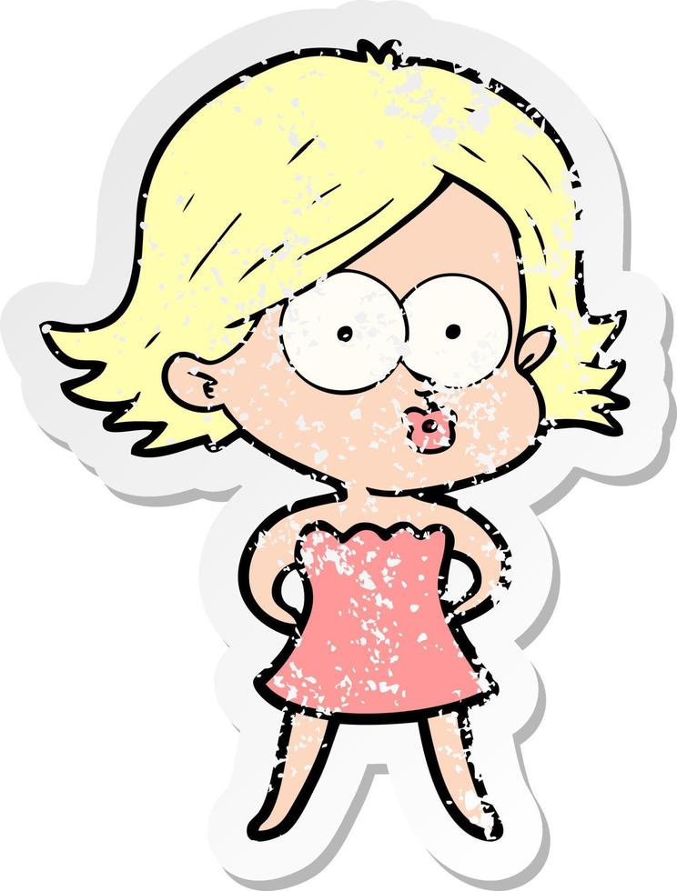 distressed sticker of a cartoon girl pouting vector