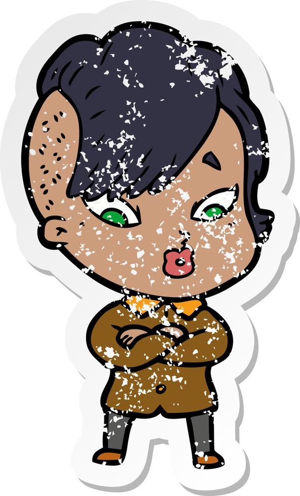 distressed sticker of a cartoon surprised girl vector