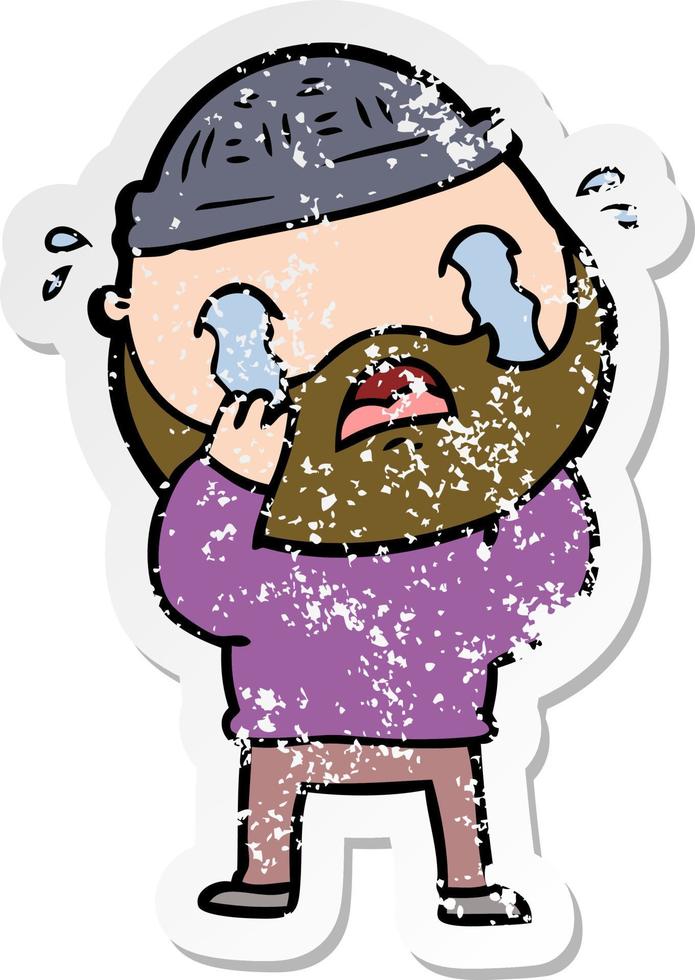 distressed sticker of a cartoon bearded man crying vector