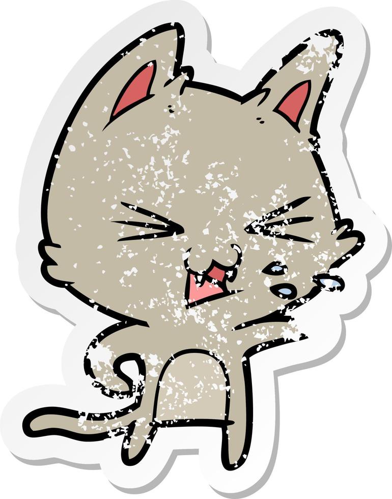 distressed sticker of a cartoon cat hissing vector