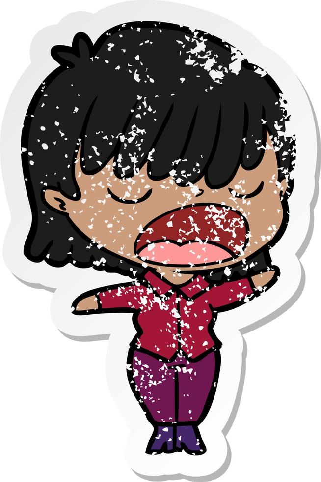 distressed sticker of a cartoon woman talking loudly vector