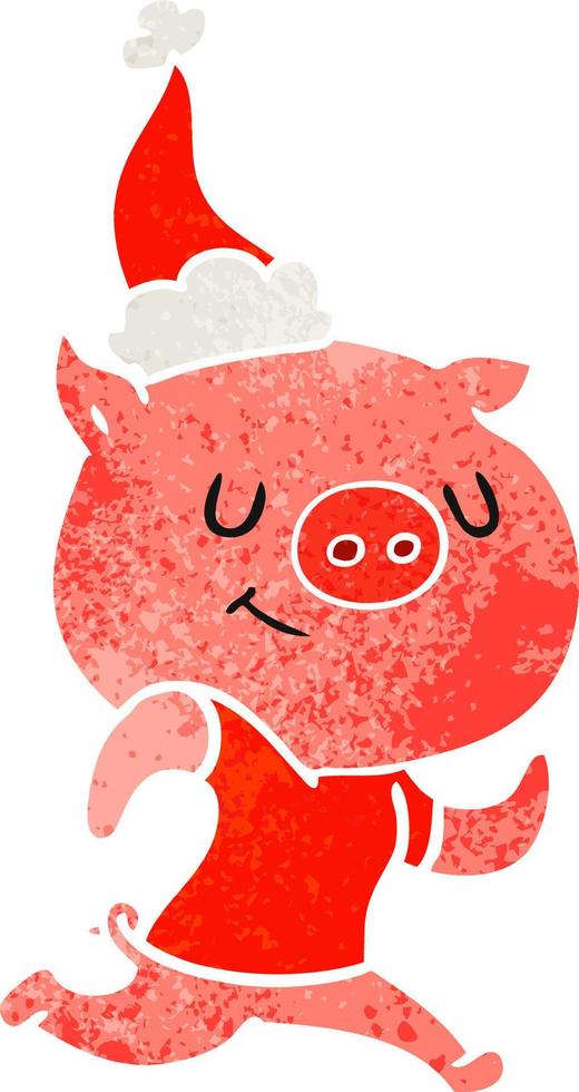 happy retro cartoon of a pig running wearing santa hat vector
