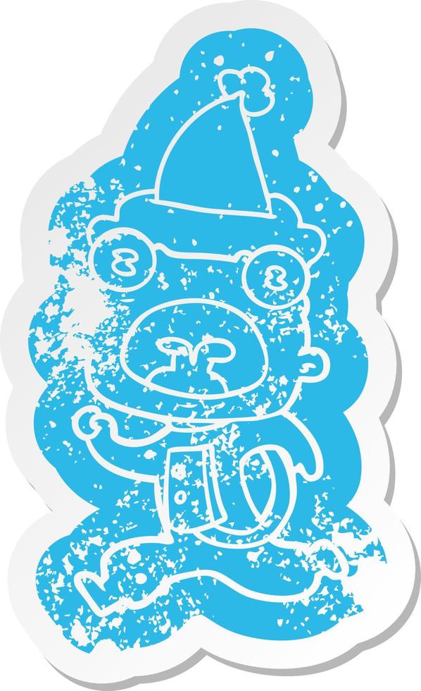 cartoon distressed sticker of a weird alien running away wearing santa hat vector