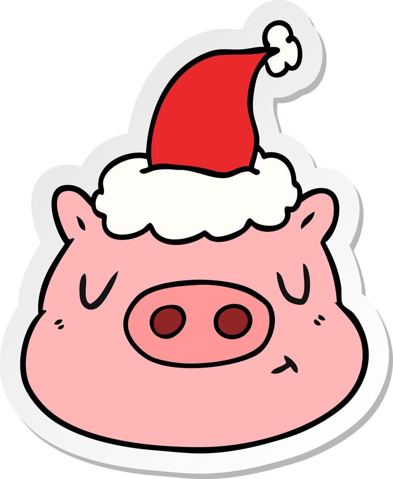 sticker cartoon of a pig face wearing santa hat vector