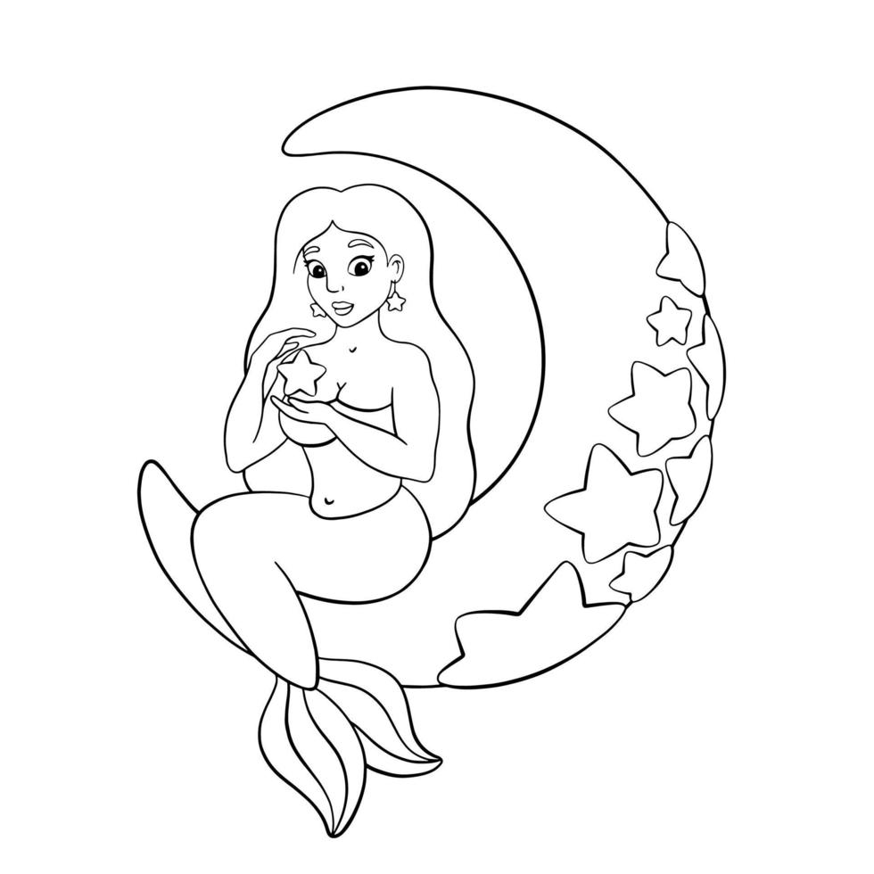 una hermosa sirena está sentada en la luna. página para colorear para niños. sello digital. personaje de estilo de dibujos animados. ilustración vectorial aislado sobre fondo blanco. vector