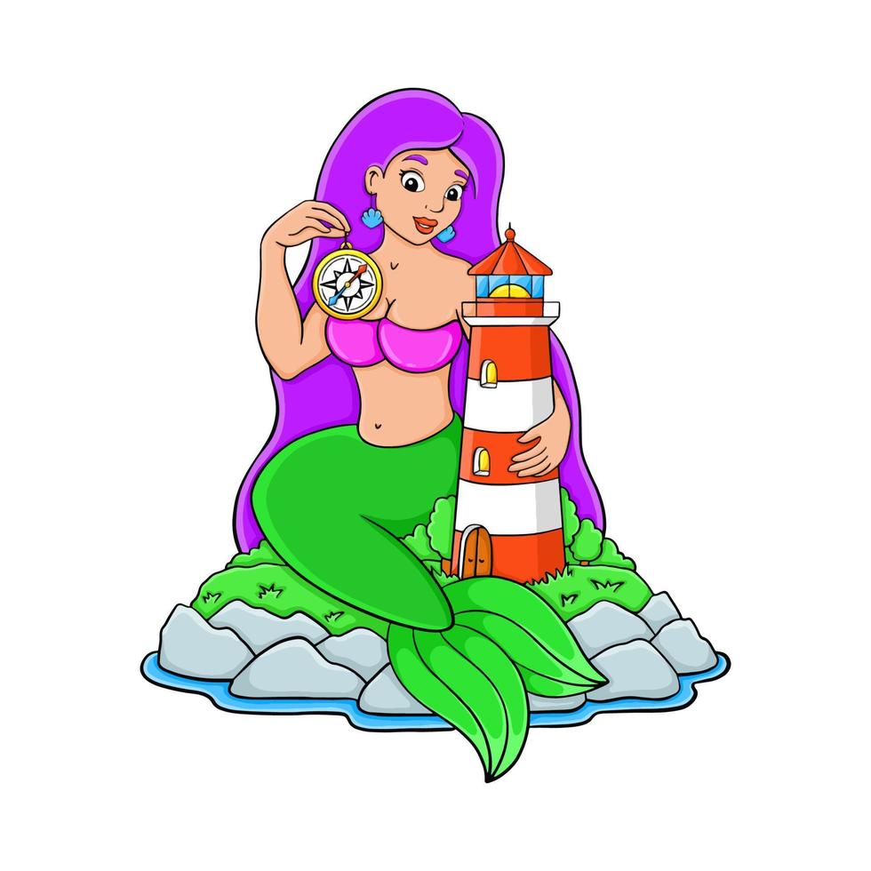 una hermosa sirena sostiene una brújula cerca del faro. personaje animado. ilustración vectorial colorido. aislado sobre fondo blanco. plantilla para tu diseño, libros, pegatinas, tarjetas. vector