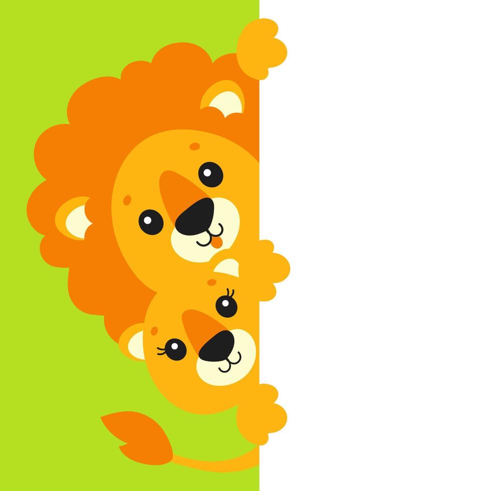 Funny lion and lioness. Cute cartoon character holding white blank poster. With place for text. Colored vector illustration.
