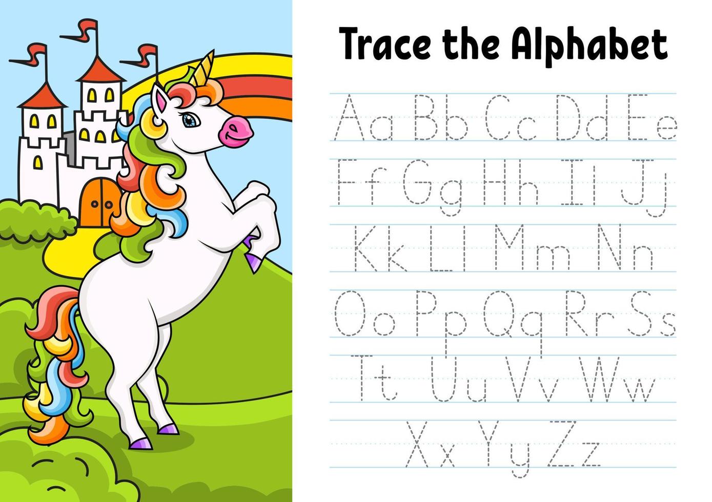 escribiendo cartas. página de rastreo con unicornio. hoja de práctica. hoja de trabajo para niños. aprender alfabeto. lindo personaje ilustración vectorial de color. estilo de dibujos animados vector