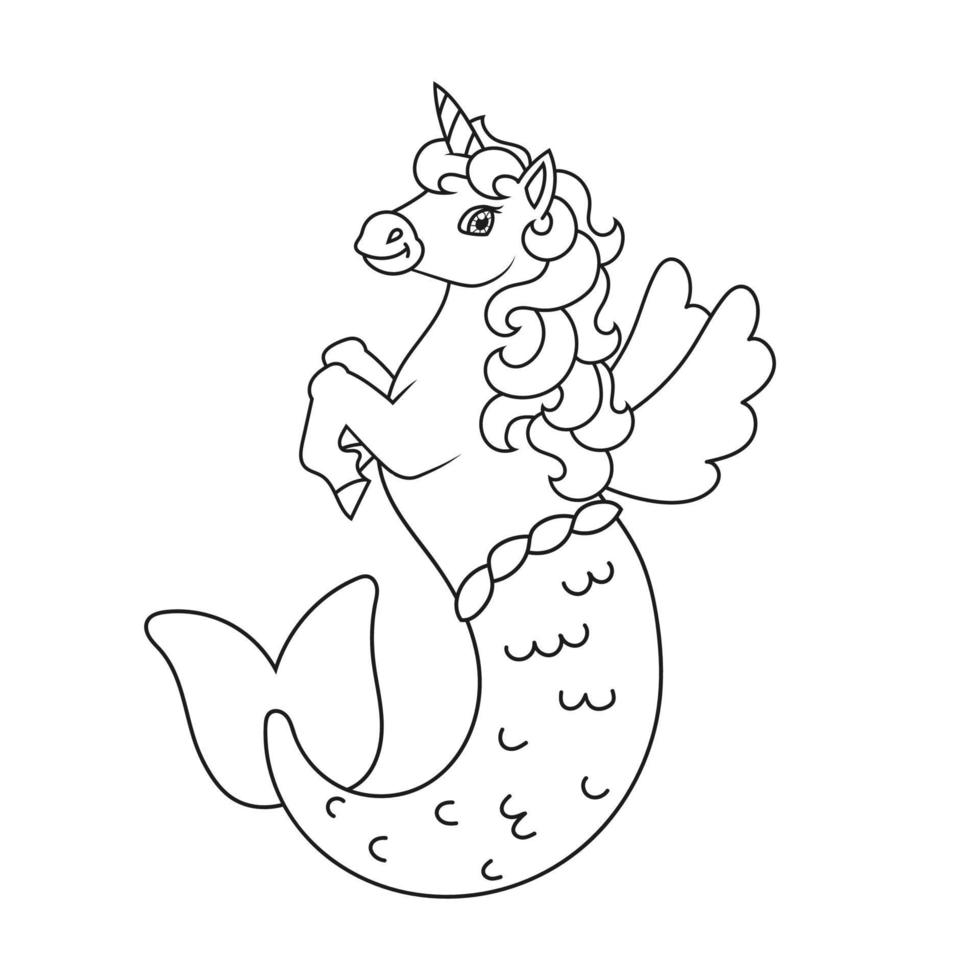Coloring book for kids. Cute mermaid unicorn. Cartoon character. Vector illustration. Black contour silhouette. Isolated on white background.