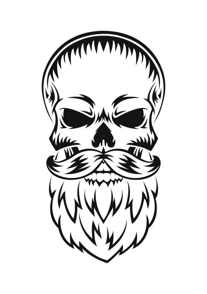 Human skull with beard and mustache. Black silhouette. Design element. Hand drawn sketch. Vintage style. Vector illustration.