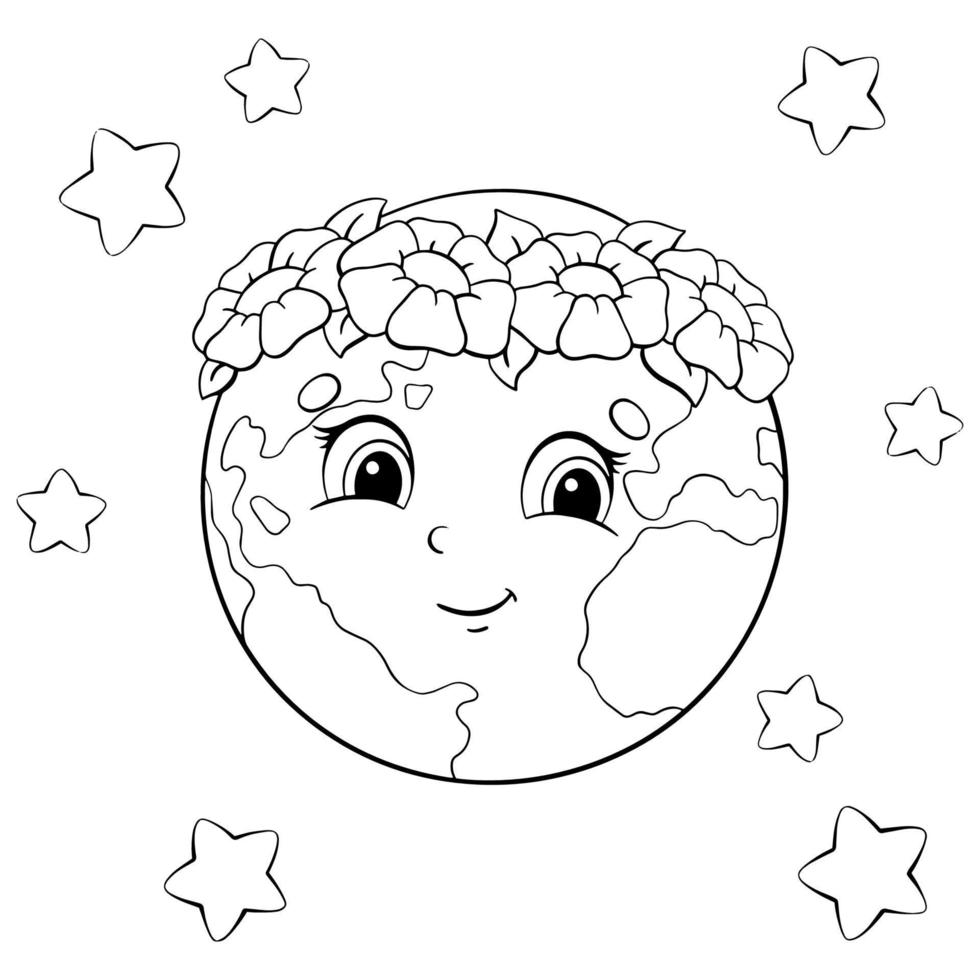 Planet Earth in a wreath of flowers. Coloring book page for kids. Cartoon style character. Vector illustration isolated on white background.