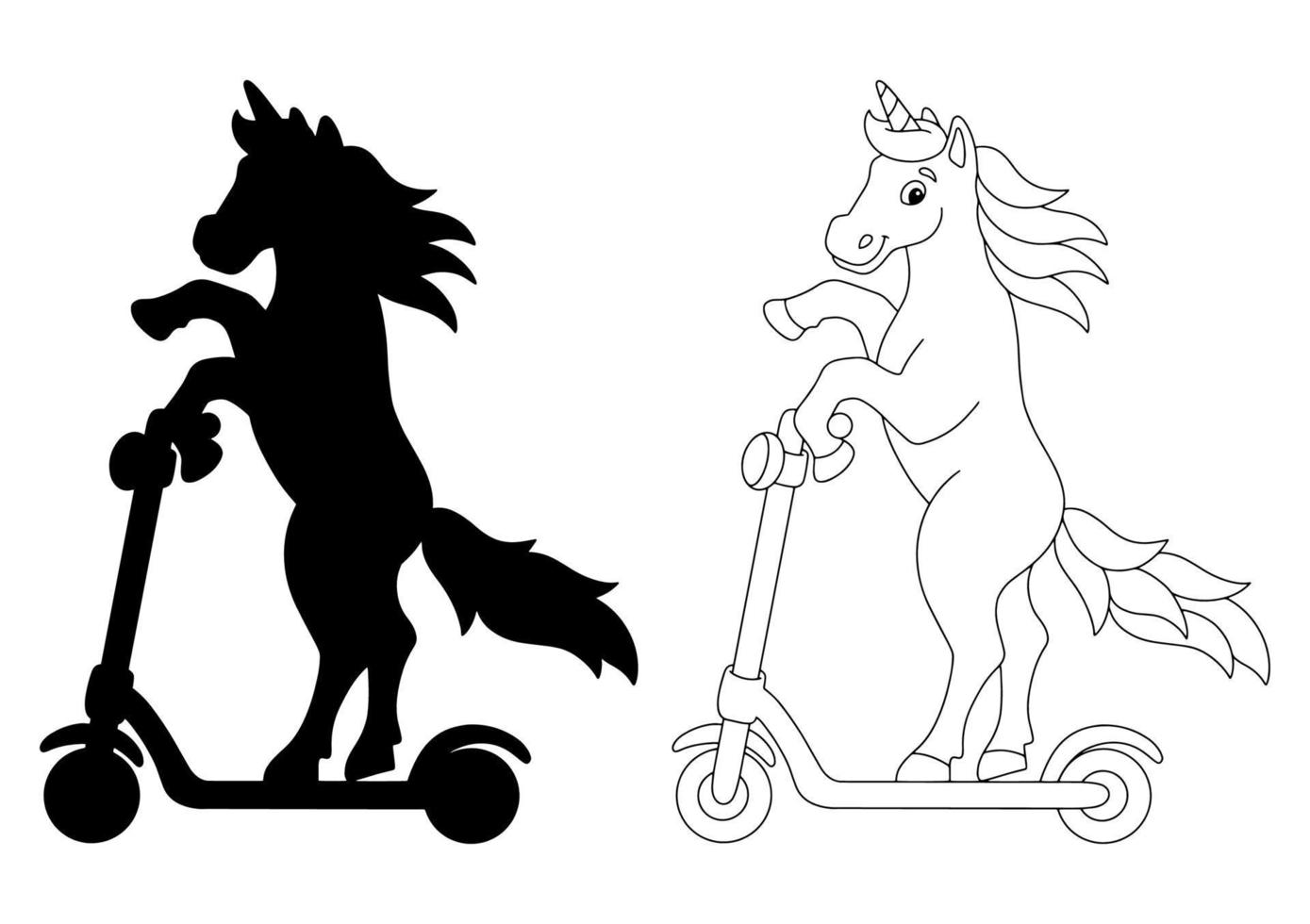 Unicorn riding a scooter. Black silhouette. Design element. Vector illustration isolated on white background. Template for books, stickers, posters, cards, clothes.