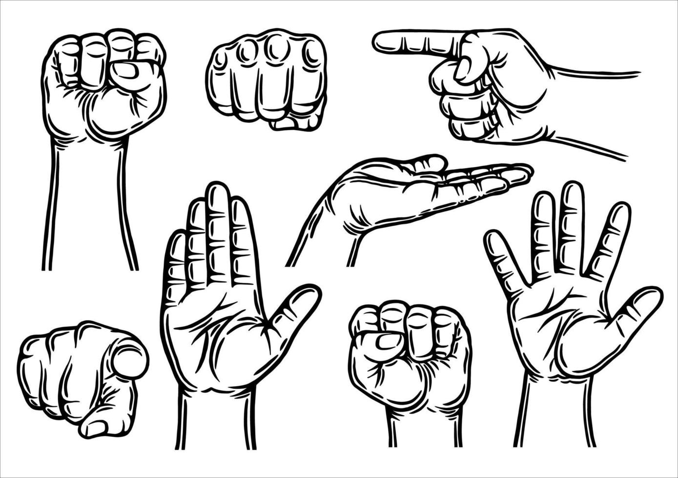 Male hand gestures. Outline contour. Design element. Vector illustration isolated on white background. Template for books, stickers, posters, cards, clothes.