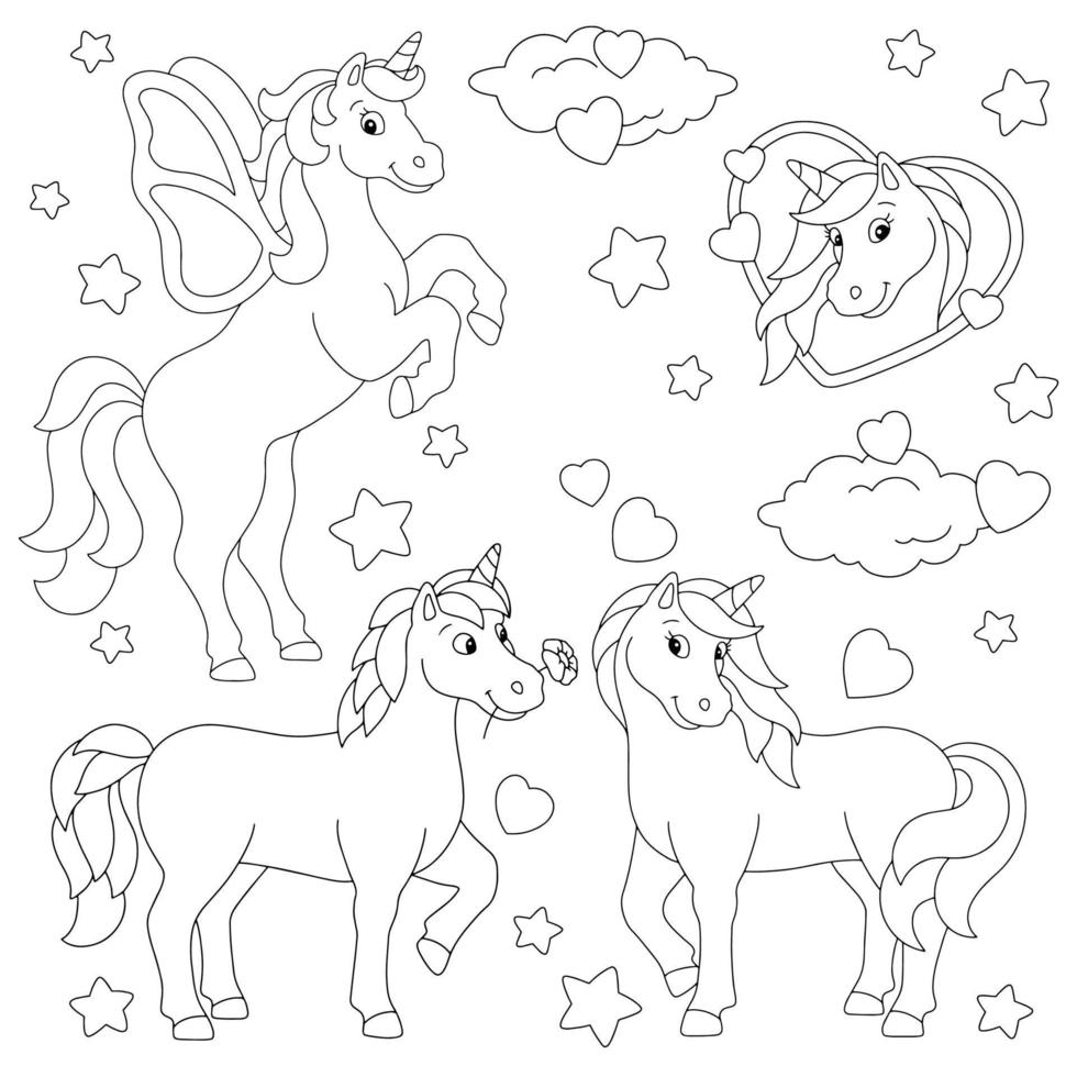 Lovely fairytale unicorns in love. Coloring book page for kids. Valentine's Day. Cartoon style character. Vector illustration isolated on white background.