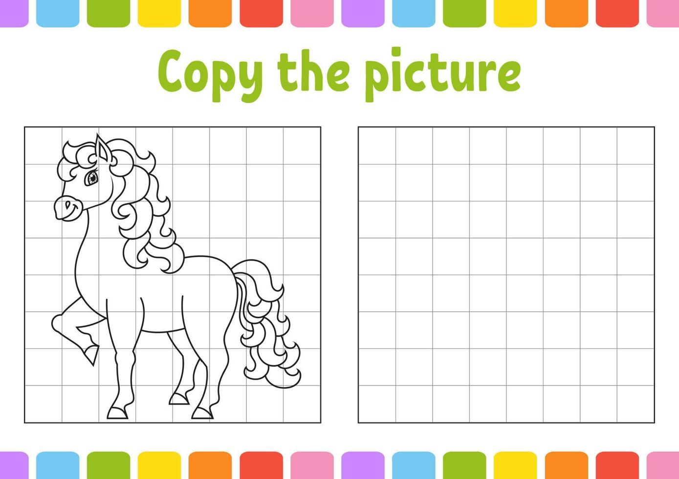 copia la imagen lindo caballo animal de granja. páginas de libros para colorear para niños. hoja de trabajo de desarrollo educativo. juego para niños. práctica de escritura a mano. personaje divertido linda ilustración vectorial de mapache. vector