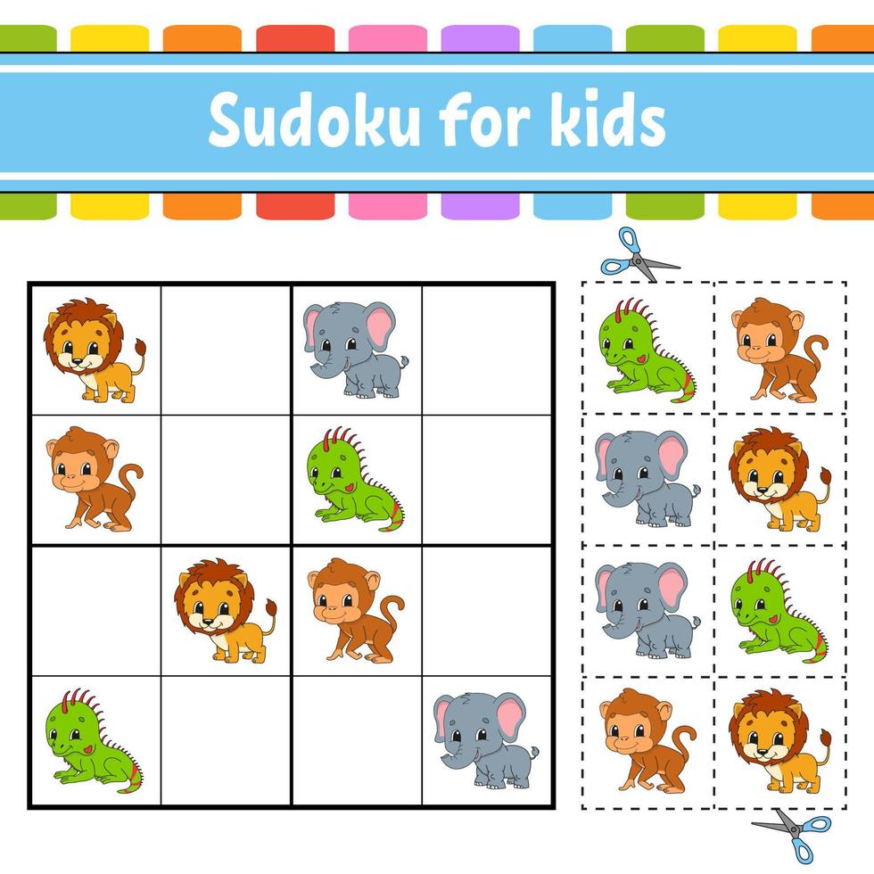 sudoku para niños. hoja de trabajo de desarrollo educativo. página de actividades con imágenes. juego de rompecabezas para niños. entrenamiento del pensamiento lógico. ilustración vectorial aislada. tema de animales estilo de dibujos animados vector