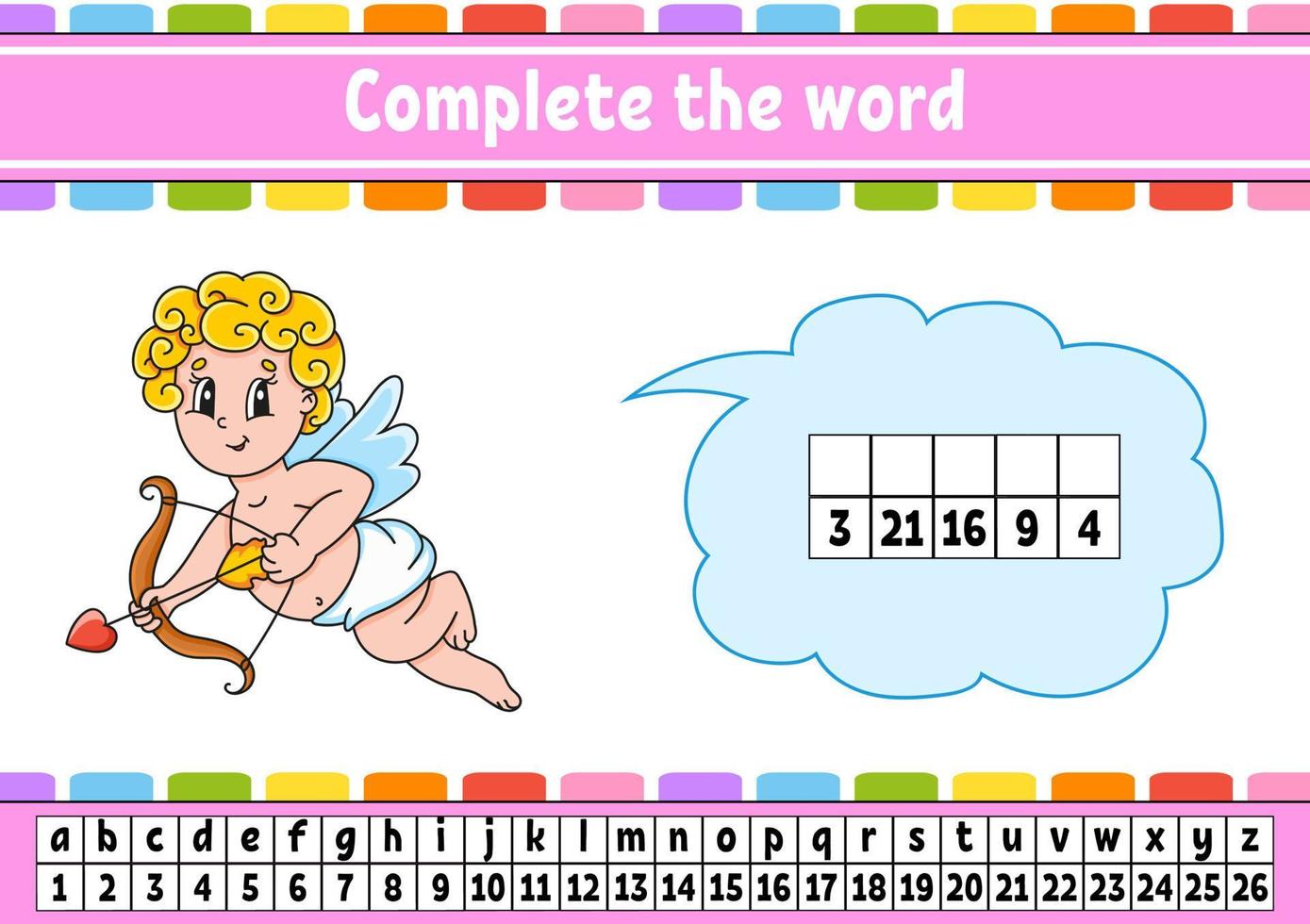 Complete the words. Cipher code. Learning vocabulary and numbers. Education worksheet. Activity page for study English. Isolated vector illustration. cartoon character.