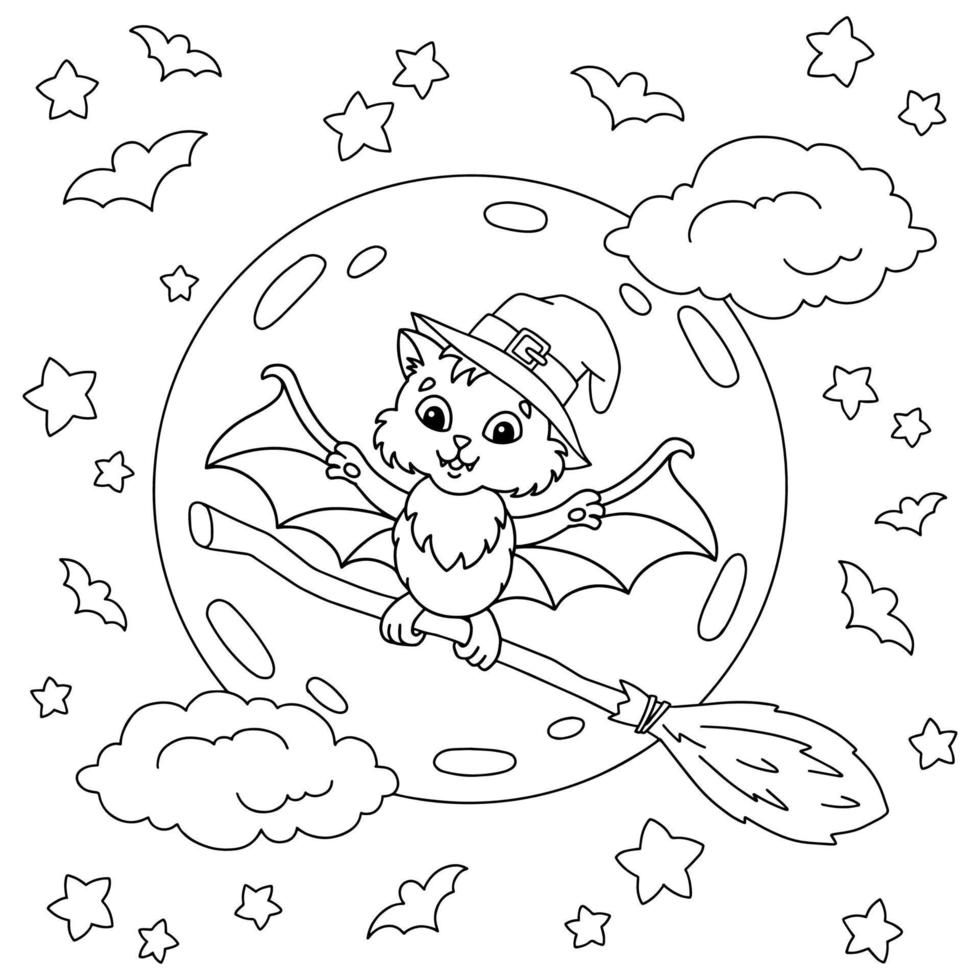 A cute bat flies on a magic broomstick at night. Coloring book page for kids. Cartoon style character. Vector illustration isolated on white background.