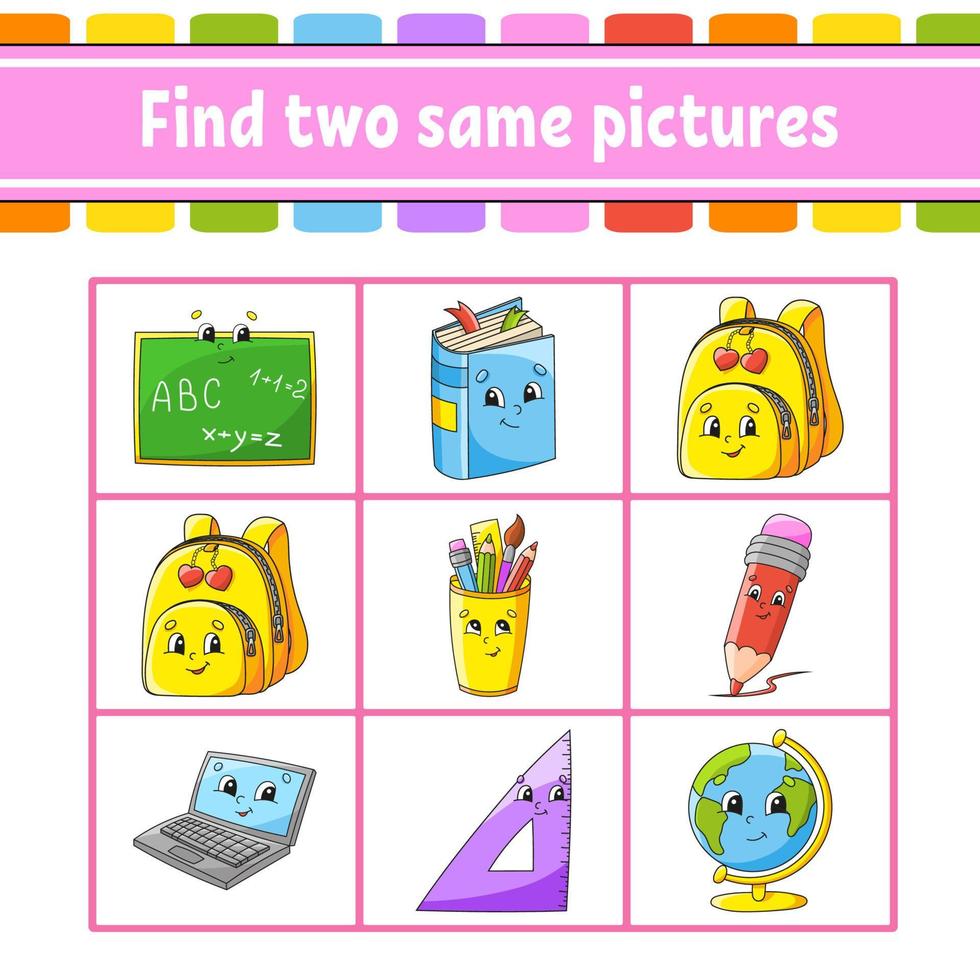 Find two same pictures. Task for kids. Education developing worksheet. Activity page. Color game for children. Funny character. Isolated vector illustration. cartoon style.