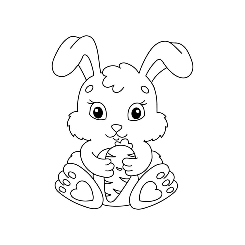 A cute rabbit holds a carrot in its paws. Coloring book page for kids. Cartoon style. Vector illustration isolated on white background.