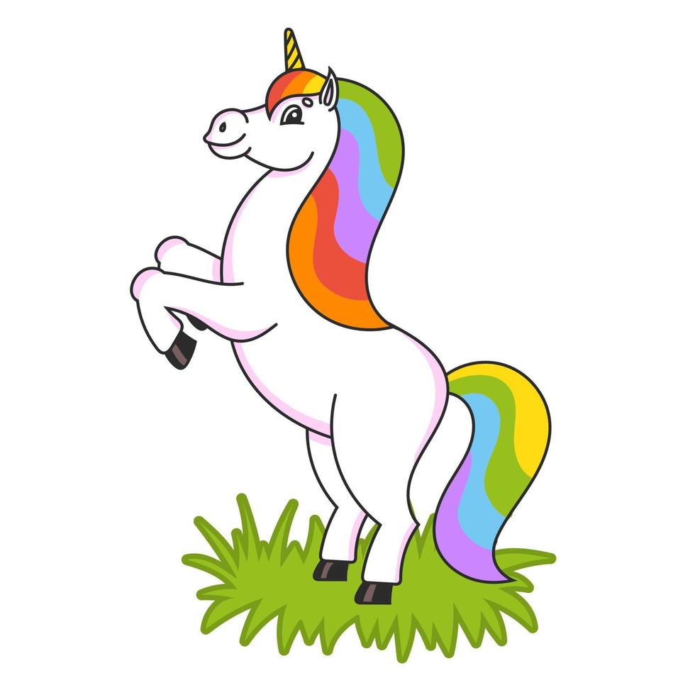 el unicornio mágico se encabritó. el animal caballo se para sobre sus patas traseras. estilo de dibujos animados. Ilustración de vector plano simple.